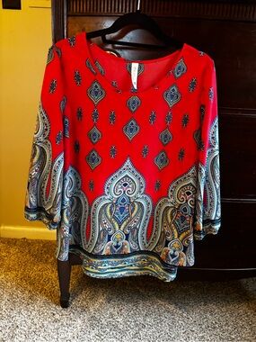Pink Owl Red Paisley-Border Scoop Neck Tunic